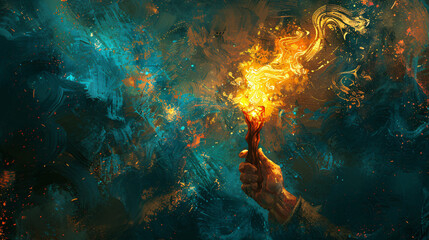 Obraz premium Igniting Hope: Enigmatic Hand Holding Torch Amidst Swirling Shadows and Abstract Forms