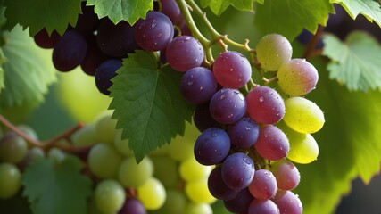 Fototapeta premium Close-up of a bunch of grapes, vibrant purple and green grapes glistening with tiny water droplets, intricate details captured