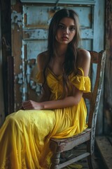 Fototapeta premium A woman sits comfortably on a chair wearing a bright yellow dress, perfect for a casual gathering or everyday life