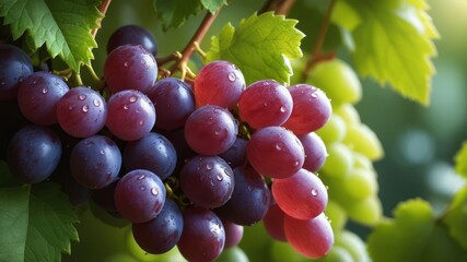 Close-up of a bunch of grapes, vibrant purple and green grapes glistening with tiny water droplets, intricate details captured