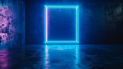 Large blue neon light glowing blank picture frame in a dark empty room, perfect for event posters, advertising, and fashion product displays