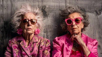 Two older women dressed in pink and wearing sunglasses. In the style of vibrant and textured. Candid moments captured hyper realistic 