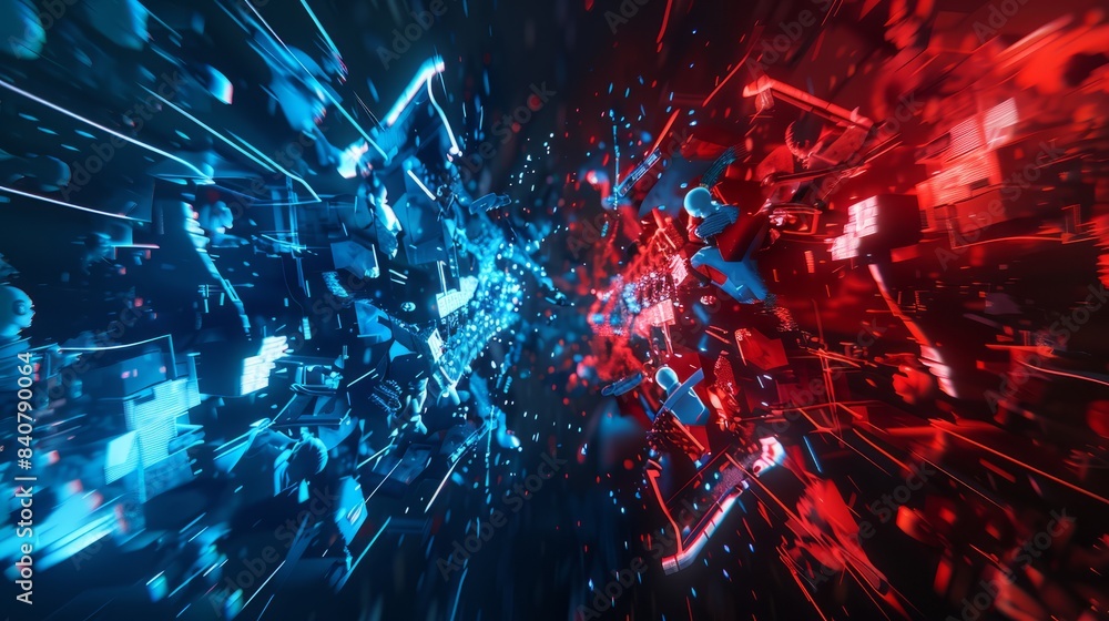 Poster visualization of blue and red hacker teams in a cyber security showdown, defending against network b