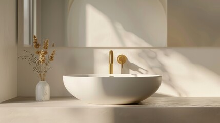 Luxury bathroom counter with round ceramic washbasin and golden faucet, morning sunlight, empty space perfect for product mock-ups, minimalistic design, photorealistic