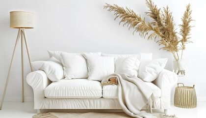 Cozy white sofa, lamp and vase with pampas grass isolated on whi