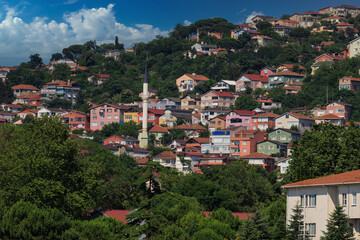 Fototapeta premium Southern cityscape, view of buildings and houses with green plants in public places in Turkey, sunny summer day in the city of Istanbul