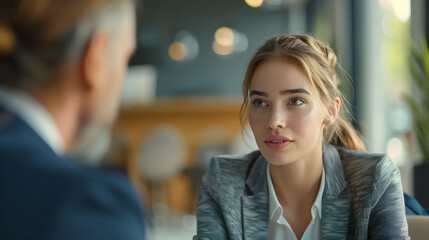 Fototapeta premium Woman engaged in job interview. Generative AI