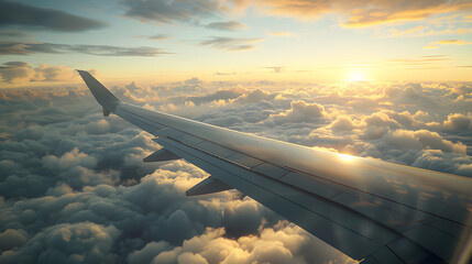 Naklejka premium Airplane wing soaring in sky. Generative by AI