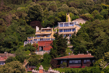 Southern cityscape, view of buildings and houses with green plants in public places in Turkey,...