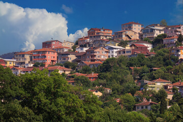 Obraz premium Southern cityscape, view of buildings and houses with green plants in public places in Turkey, sunny summer day in the city of Istanbul