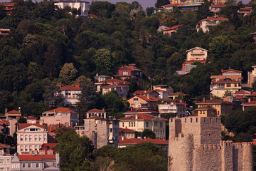 Southern cityscape, view of buildings and houses with green plants in public places in Turkey,...