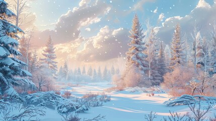 Winter landscape with snow and fir trees as vintage christmas wallpaper hyper realistic 