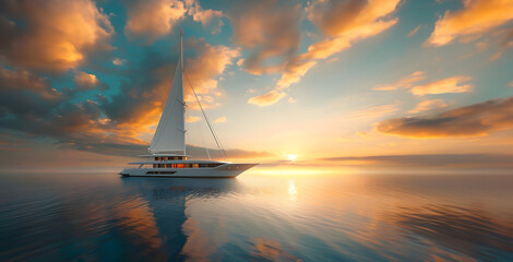 Fototapeta premium Sailboat sailing in ocean at sunset. Generative by AI