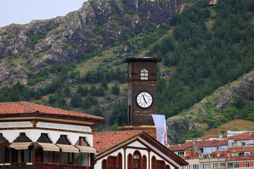 Southern cityscape, view of buildings and houses with green plants in public places in Turkey,...