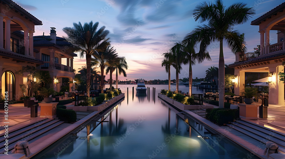 Poster house with pool and palm trees at dusk. generative by ai