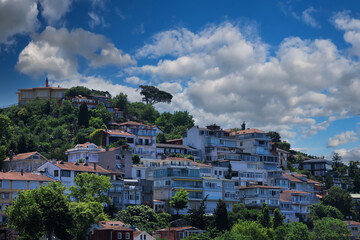 Cityscape, view of buildings and houses with green plants in public places in Turkey, sunny summer day in the city of Istanbul