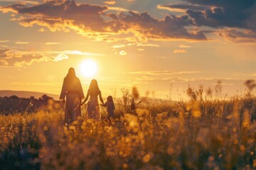 A mother and her two children walking together in a beautiful field at sunset