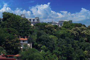 Obraz premium Cityscape, view of buildings and houses with green plants in public places in Turkey, sunny summer day in the city of Istanbul