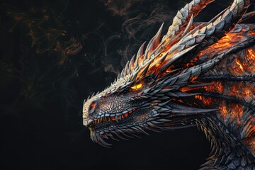 A fiery dragon's face with flames burning bright, suitable for fantasy or mythological themes