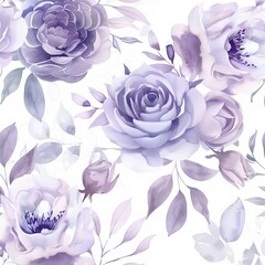 Purple watercolor flowers and foliage on a white background