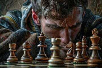 Fototapeta premium A person sitting at a chessboard, focused on the game