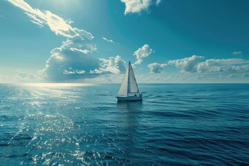 A sailboat drifting in the middle of the ocean, with blue waters and clear sky