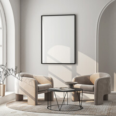 Frame mockup, ISO A paper size. Living room wall poster mockup. Interior mockup with house background. Modern interior design. 3D render
