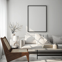 Frame mockup, ISO A paper size. Living room wall poster mockup. Interior mockup with house background. Modern interior design. 3D render

