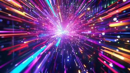 Fototapeta premium Neon lines converge in psychedelic 3d explosion, isolated flying objects, memphis style 3d render