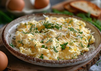 Delicious Breakfast Spread with Scrambled Eggs and Fresh Herbs Generative AI