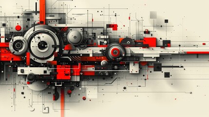 Obraz premium Abstract Geometric Composition Featuring Red, White, and Black Shapes