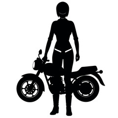 Fototapeta premium lady biker stand with a motorcycle and holding a helmet on the hand vector silhouette