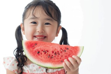 A young child holding a slice of watermelon, perfect for summer-themed projects or food-related images