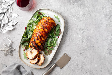 Porchetta, a delicious pork roast wrapped in a roll.