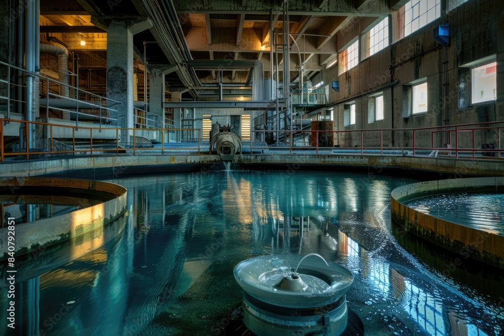 Poster a boat floats inside a large building