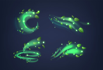 Abstract Green Glowing Peppermint Swirls With Floating Leaves On Dark Background, Realistic 3d Vector Illustration