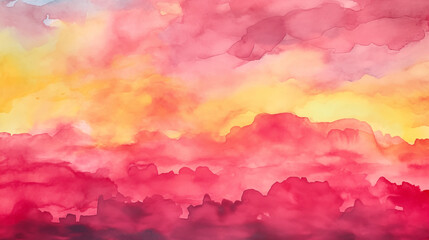 Watercolor pink and yellow sunset landscape