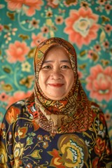 A woman stands in front of a colorful floral wallpaper, wearing a headscarf