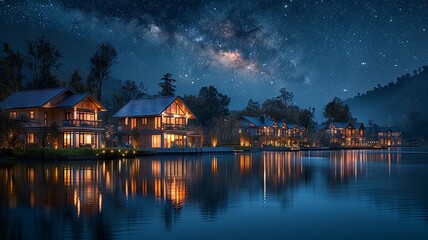 Fototapeta premium Illuminated riverfront houses in a historical setting under a starlit sky reflect vibrant life