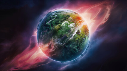 A stunning 3D render of a lush, green planet surrounded by a vibrant, swirling cosmic background.