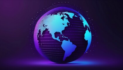 Digital technology background with blue gradient and digital world globe made of dots on dark purple background, data transfer concept, diigital illustration created with generative ai.  