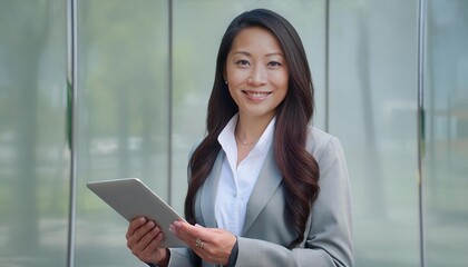 Fototapeta premium woman with long dark hair, wearing a gray suit jacket over a white blouse, stands smiling and looking directly at the camera