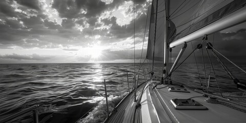 A black and white photograph of a sailboat sailing on the ocean - Powered by Adobe