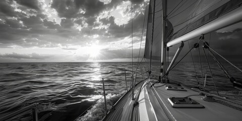 A black and white photograph of a sailboat sailing on the ocean © Fotograf