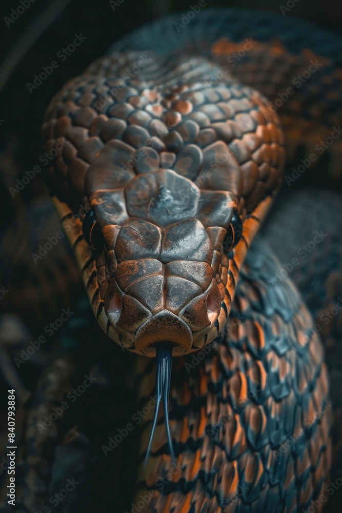 Poster close-up image of a snake's head with its tongue out, suitable for use in scientific or educational 