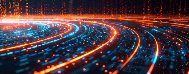 Abstract digital landscape, glowing particles and lines symbolizing data transfer in cyberspace, ideal for tech, AI, and graphics themes.