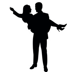 Man carries woman in his arms flat style vector silhouette, white background