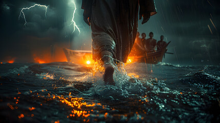 Jesus walks on water across the sea towards a boat during a storm.
