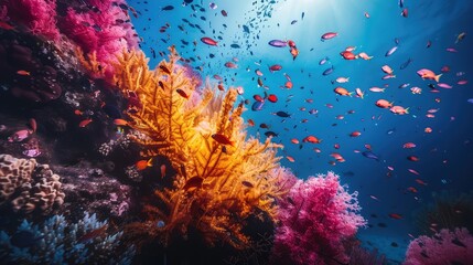 Underwater world with coral reef and fish. AI generated.
