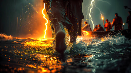 Jesus walks on water across the sea towards a boat during a storm.